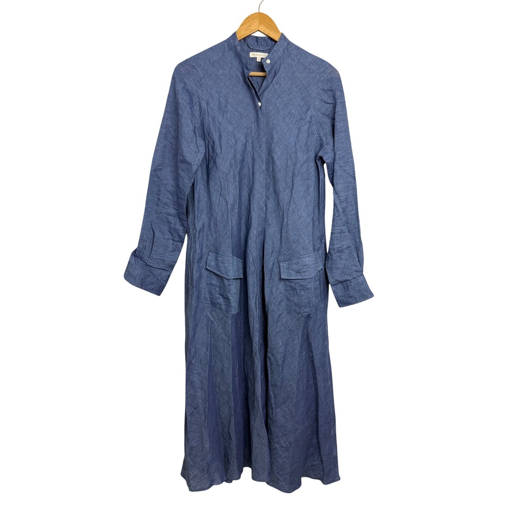 Ann Mashburn Blue 100% Linen Band Collar Maxi Shirt Dress A-Line Womens Medium